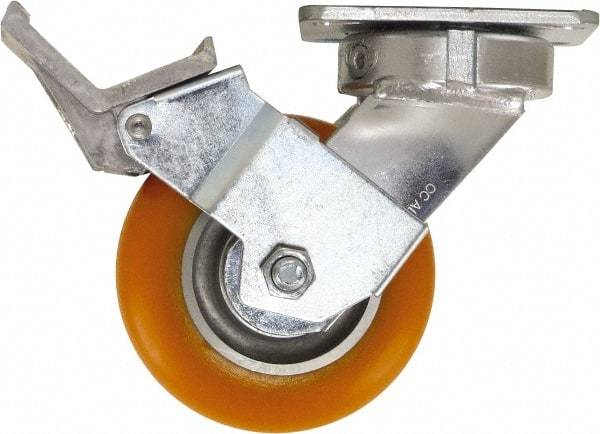 Caster Connection - 5" Diam x 2" Wide x 6-1/2" OAH Top Plate Mount Swivel Caster with Brake - Polyurethane, 750 Lb Capacity, Sealed Precision Ball Bearing, 4 x 4-1/2" Plate - USA Tool & Supply