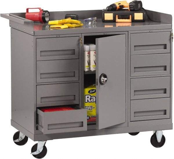 Tennsco - 1,000 Lb Capacity, 1 Shelf, 8 Drawer, 1 Door Mobile Bench - 45" Wide x 25" Deep x 43" High, Steel - USA Tool & Supply