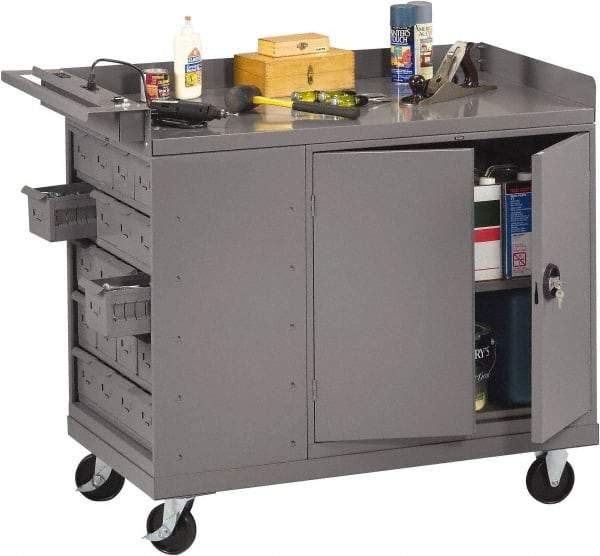 Tennsco - 1,000 Lb Capacity, 1 Shelf, 20 Bin, 1 Door Mobile Bench - 45" Wide x 25" Deep x 43" High, Steel - USA Tool & Supply