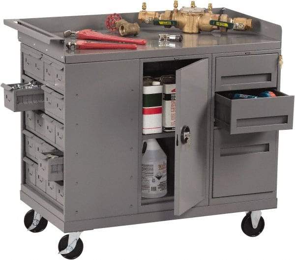 Tennsco - 1,000 Lb Capacity, 1 Shelf, 3 Drawer, 20 Bin, 1 Door Mobile Bench - 45" Wide x 25" Deep x 43" High, Steel - USA Tool & Supply