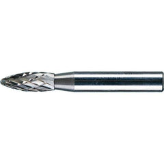 PFERD - 1/4" Cut Diam, 1/4" Shank Diam, Flame Head Double Cut Burr - Tungsten Carbide, 5/8" LOC, 1-15/16" OAL - USA Tool & Supply