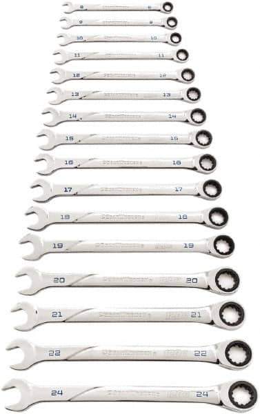 GearWrench - 16 Piece, 8mm to 24mm, Ratcheting Combination Wrench Set - Metric Measurement Standard, Chrome Finish - USA Tool & Supply