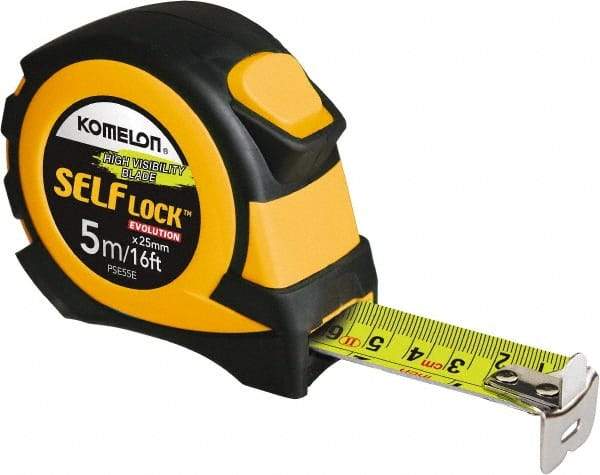 Komelon - 16' x 25mm Yellow Steel Blade Tape Measure - 5mm Graduation, Inch/Metric Graduation Style, Yellow/Black ABS Plastic Case - USA Tool & Supply