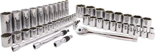 Proto - 50 Piece 3/8" & 1/2" Drive Chrome Finish Deep Well Socket Set - 6, 12 Points, 5/16" to 1-1/2" Range, Inch Measurement Standard - USA Tool & Supply