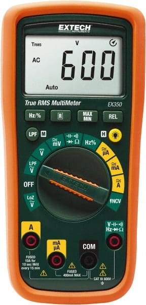 Extech - EX350, CAT III, 600 VAC/VDC, Digital True RMS Multimeter - 40 mOhm, Measures Voltage, Capacitance, Current, Frequency, Resistance - USA Tool & Supply