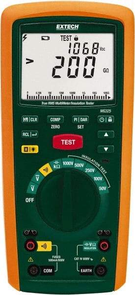 Extech - Digital LCD Display, 200,000 Megohm Electrical Insulation Resistance Tester & Megohmmeter - 600 Volt Max Test Voltage, Powered by AA Battery - USA Tool & Supply