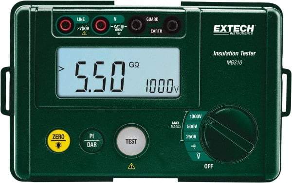 Extech - Digital LCD Display, 0.002 Megohm Electrical Insulation Resistance Tester & Megohmmeter - 1,000 Volt Max Test Voltage, Powered by AA Battery - USA Tool & Supply