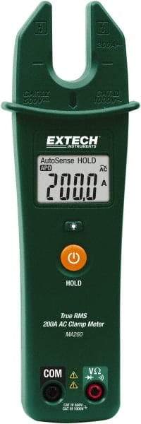 Extech - MA260, CAT IV, Digital True RMS Clamp Meter with 0.16" Fork Jaws - 1000 VAC/VDC, 200 AC Amps, Measures Voltage, Continuity, Current, Resistance - USA Tool & Supply