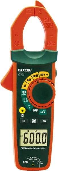 Extech - EX650, CAT III, Digital True RMS Auto Ranging Clamp Meter with 1.18" Clamp On Jaws - 750 VAC, 1000 VDC, 600 AC Amps, Measures Voltage, Capacitance, Continuity, Current, Resistance - USA Tool & Supply