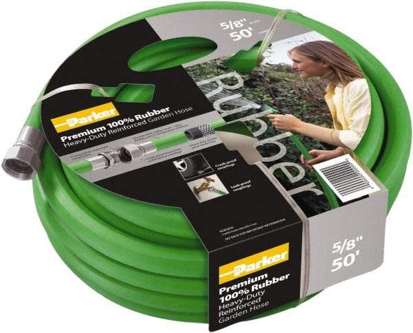 Parker - 100' Long Garden Hose - 5/8" Diam, 3/4" GHT, Rubber, 125 psi, Green - USA Tool & Supply