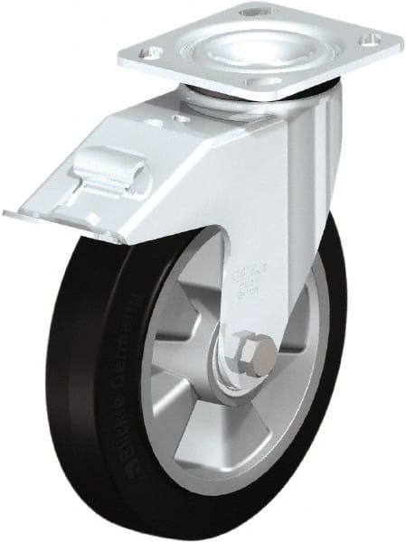 Swivel Top Plate Caster: Rubber, 8″ Wheel Dia, 2″ Wheel Width, 1,100 lb Capacity, 2-23/64″ OAH Rubber, 1,100 Lb Capacity, Ball Bearing, 4 x 4-1/2″ Plate