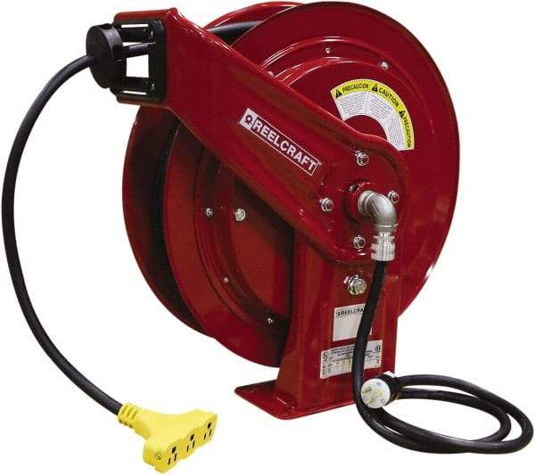 Reelcraft - 12 AWG, 75' Cable Length, Cord & Cable Reel with Triple-Tap Outlet End - 3 Outlets, NEMA 5-15R, 15 Amps, 125 Volts, SEOOW Cable, Red Reel, Spring Driven Reel - USA Tool & Supply