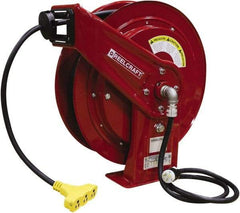 Reelcraft - 12 AWG, 75' Cable Length, Cord & Cable Reel with Triple-Tap Outlet End - 3 Outlets, NEMA 5-15R, 15 Amps, 125 Volts, SEOOW Cable, Red Reel, Spring Driven Reel - USA Tool & Supply