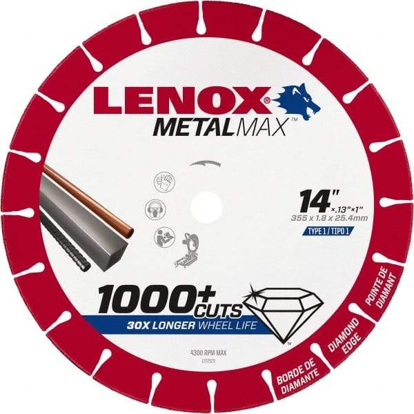 Lenox - 14" 25/30 Grit Diamond Cutoff Wheel - 0.13" Thick, 1" Arbor, 4,300 Max RPM, Use with Stationary Tools - USA Tool & Supply