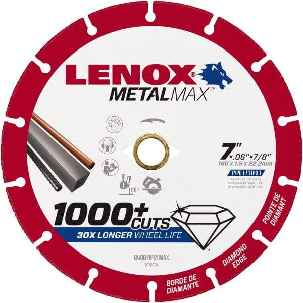Lenox - 7" 40/50 Grit Diamond Cutoff Wheel - 0.06" Thick, 7/8" Arbor, 8,400 Max RPM, Use with Angle Grinders - USA Tool & Supply