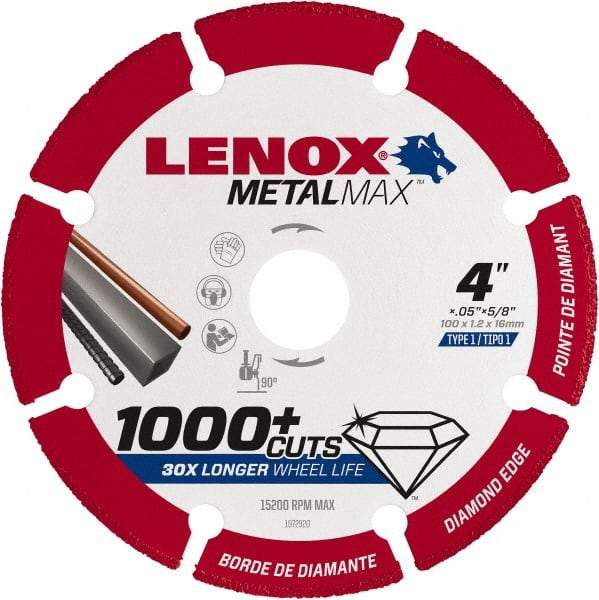 Lenox - 4" 40/50 Grit Diamond Cutoff Wheel - 0.05" Thick, 5/8" Arbor, 15,200 Max RPM, Use with Angle Grinders - USA Tool & Supply