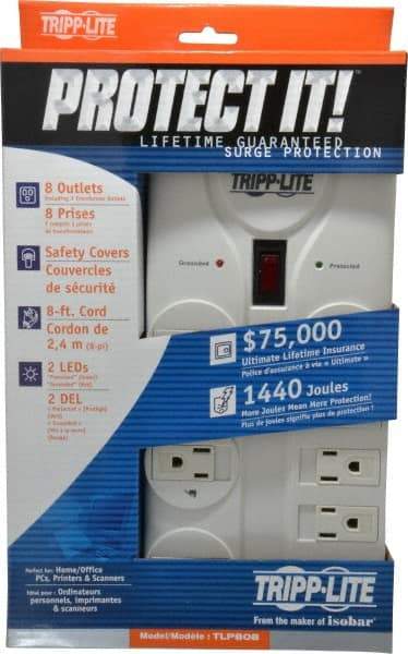 Tripp-Lite - 8 Outlets, 120 Volts, 15 Amps, 8' Cord, Power Outlet Strip - Free Hanging, Keyhole Mount, 5-15P NEMA Configuration, 9.55" Strip, UL1449 3rd Edition - USA Tool & Supply