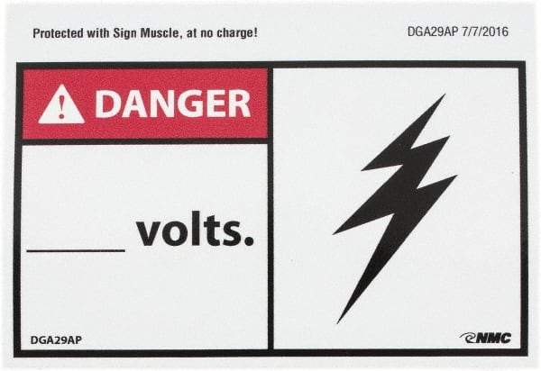NMC - Accident Prevention Label, Header: DANGER - Legend: Danger - ____ Volts, English, Red, Black & White, 5" Long x 3" High, Sign Muscle Finish - USA Tool & Supply