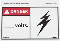 NMC - Accident Prevention Label, Header: DANGER - Legend: Danger - ____ Volts, English, Red, Black & White, 5" Long x 3" High, Sign Muscle Finish - USA Tool & Supply