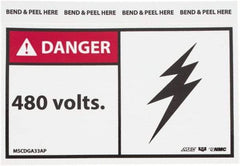 NMC - Accident Prevention Label, Header: DANGER - Legend: Danger - 480 Volts, English, Red, Black & White, 5" Long x 3" High, Sign Muscle Finish - USA Tool & Supply