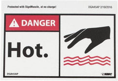 NMC - Hazardous Materials Label, Header: DANGER - Legend: Danger - Hot, English, Red, Black & White, 5" Long x 3" High, Sign Muscle Finish - USA Tool & Supply