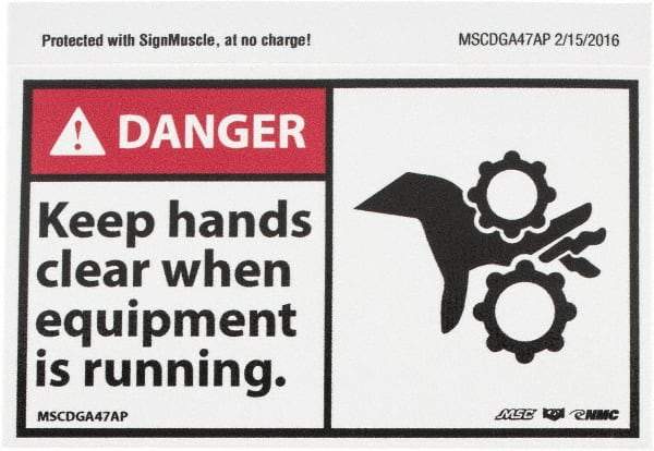 NMC - Accident Prevention Label, Header: DANGER - Legend: Danger - Keep Hands Clear When Equipment Is Running, English, Red, Black & White, 5" Long x 3" High, Sign Muscle Finish - USA Tool & Supply