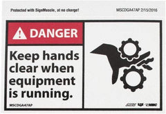 NMC - Accident Prevention Label, Header: DANGER - Legend: Danger - Keep Hands Clear When Equipment Is Running, English, Red, Black & White, 5" Long x 3" High, Sign Muscle Finish - USA Tool & Supply