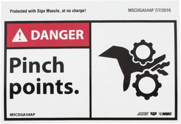 NMC - Accident Prevention Label, Header: DANGER - Legend: Danger - Pinch Points, English, Red, Black & White, 5" Long x 3" High, Sign Muscle Finish - USA Tool & Supply