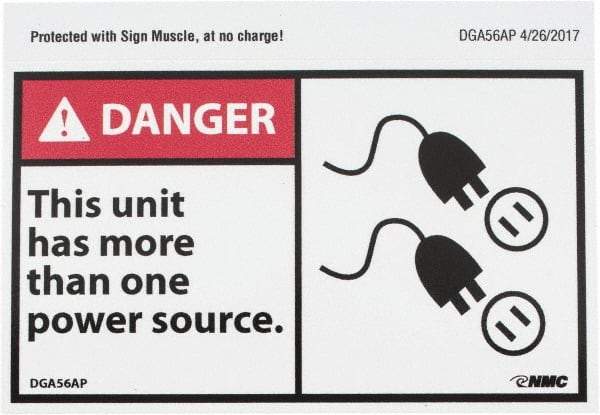 NMC - Accident Prevention Label, Header: DANGER - Legend: Danger - This Unit Has More Than One Power Source, English, Red, Black & White, 5" Long x 3" High, Sign Muscle Finish - USA Tool & Supply