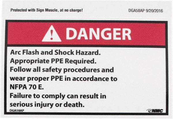 NMC - Accident Prevention Label, Header: DANGER - Legend: Danger - Arc Flash and Shock Hazard - Appropriate Pipe Required - Follow All Safety Procedures and Wear Proper PPE..., English, Red, Black & White, 5" Long x 3" High, Sign Muscle Finish - USA Tool & Supply