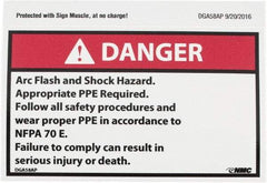 NMC - Accident Prevention Label, Header: DANGER - Legend: Danger - Arc Flash and Shock Hazard - Appropriate Pipe Required - Follow All Safety Procedures and Wear Proper PPE..., English, Red, Black & White, 5" Long x 3" High, Sign Muscle Finish - USA Tool & Supply