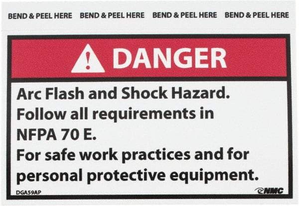 NMC - Accident Prevention Label, Header: DANGER - Legend: Danger - Arc Flash and Shock Hazard - Follow All Requirements in NFPA 70e for Safe Work Practices and for Personal..., English, Red, Black & White, 5" Long x 3" High, Sign Muscle Finish - USA Tool & Supply