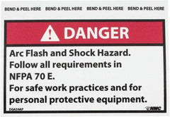 NMC - Accident Prevention Label, Header: DANGER - Legend: Danger - Arc Flash and Shock Hazard - Follow All Requirements in NFPA 70e for Safe Work Practices and for Personal..., English, Red, Black & White, 5" Long x 3" High, Sign Muscle Finish - USA Tool & Supply