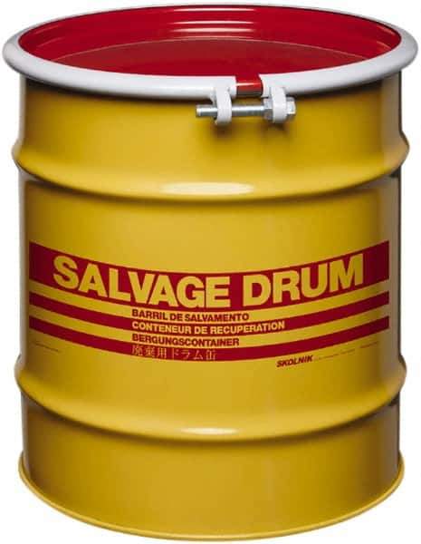 Made in USA - 20 Gallon Yellow with Red Cover Carbon Steel Open Head Drum - 19-1/4" High x 18-1/4" Diam - USA Tool & Supply