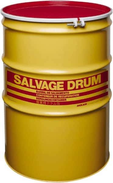 Made in USA - 110 Gallon Yellow with Red Cover Cylindrical Carbon Steel Open Head Drum - 41" High x 30" Diam - USA Tool & Supply