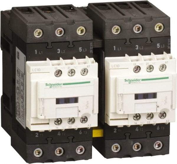 Schneider Electric - 3 Pole, 120 Coil VAC at 50 Hz and 120 Coil VAC at 60 Hz, 40 Amp, IEC Contactor - 1 Phase hp: 3 hp (115), 5 hp (230/240), 3 Phase hp: 10 hp (200/208), 10 hp (230/240), 30 hp (460/480), 30 hp (575/600) - USA Tool & Supply