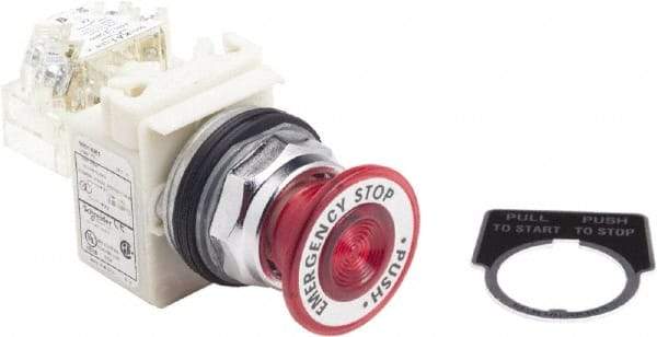 Schneider Electric - 30mm Mount Hole, Extended Straight, Pushbutton Switch with Contact Block - Red Pushbutton, Maintained (MA) - USA Tool & Supply