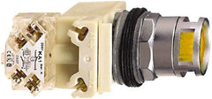 Schneider Electric - 30mm Mount Hole, Extended Straight, Pushbutton Switch with Contact Block - Yellow Pushbutton, Momentary (MO) - USA Tool & Supply