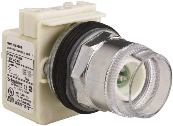Schneider Electric - 1.18 Inch Mount Hole, Extended Straight, Pushbutton Switch Only - Round, Green Pushbutton, Illuminated, Momentary (MO), Weatherproof, Dust and Oil Resistant - USA Tool & Supply