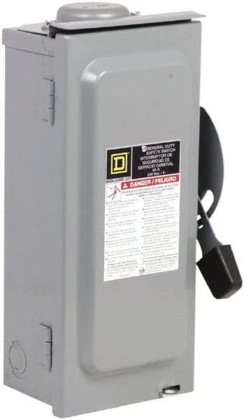 Square D - 60 Amp, 240 V, 2 Pole Fused Safety Switch - NEMA 3R, 10 hp at 240 VAC (Single Phase), 15 hp at 240 VAC (Triple Phase), DPST Contact Form - USA Tool & Supply