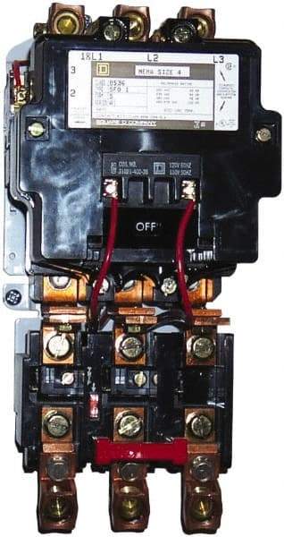 Square D - 220 Coil VAC at 50 Hz, 240 Coil VAC at 60 Hz, 135 Amp, NEMA Size 4, Nonreversible Open Enclosure NEMA Motor Starter - 3 Phase hp: 100 at 460 VAC, 100 at 575 VAC, 40 at 200 VAC, 50 at 230 VAC - USA Tool & Supply