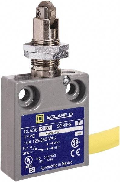 Square D - SPDT, NC/NO, 240 VAC, Prewired Terminal, Roller Plunger Actuator, General Purpose Limit Switch - 1, 2, 4, 6, 6P NEMA Rating, IP67 IPR Rating, Panel Mount, 80 Ounce Operating Force - USA Tool & Supply