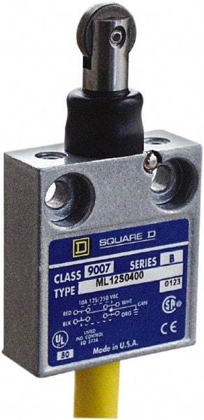 Square D - SPDT, NC/NO, 240 VAC, Prewired Terminal, Roller Plunger Actuator, General Purpose Limit Switch - 1, 2, 4, 6, 6P NEMA Rating, IP67 IPR Rating, 80 Ounce Operating Force - USA Tool & Supply