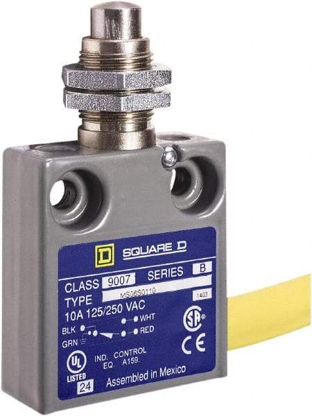 Square D - SPDT, NC/NO, 240 VAC, Prewired Terminal, Plunger Actuator, General Purpose Limit Switch - 1, 2, 4, 6, 6P NEMA Rating, IP67 IPR Rating, Panel Mount, 80 Ounce Operating Force - USA Tool & Supply