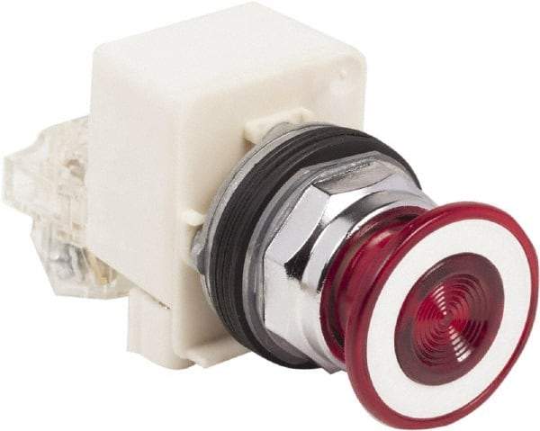 Schneider Electric - 30mm Mount Hole, Extended Straight, Pushbutton Switch with Contact Block - Red Pushbutton, Maintained (MA) - USA Tool & Supply