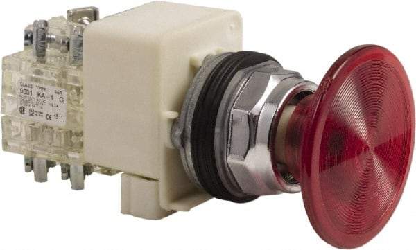 Schneider Electric - 30mm Mount Hole, Extended Mushroom Head, Pushbutton Switch Only - Round, Red Pushbutton, Nonilluminated, Maintained (MA), On-Off - USA Tool & Supply