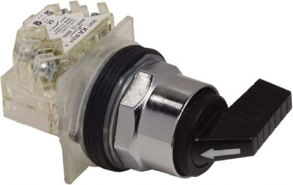 Schneider Electric - 1.18 Inch Mount Hole, 3 Position, Knob and Pushbutton Operated, Selector Switch - Black, Momentary (MO), NO/NC, Weatherproof and Dust and Oil Resistant - USA Tool & Supply