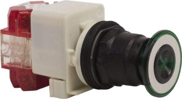 Schneider Electric - 30mm Mount Hole, Extended Straight, Pushbutton Switch with Contact Block - Green Pushbutton, Maintained (MA), Momentary (MO) - USA Tool & Supply