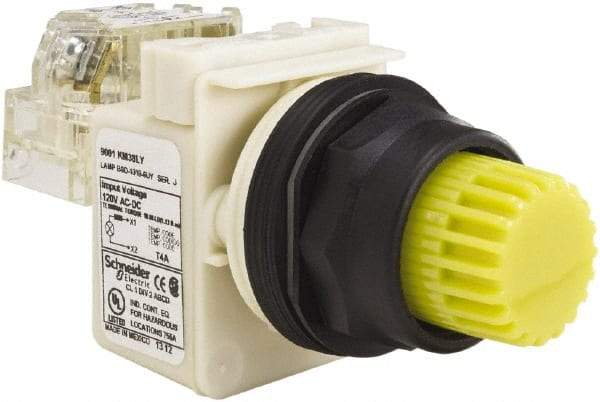 Schneider Electric - 30mm Mount Hole, Extended Straight, Pushbutton Switch with Contact Block - Yellow Pushbutton, Momentary (MO) - USA Tool & Supply