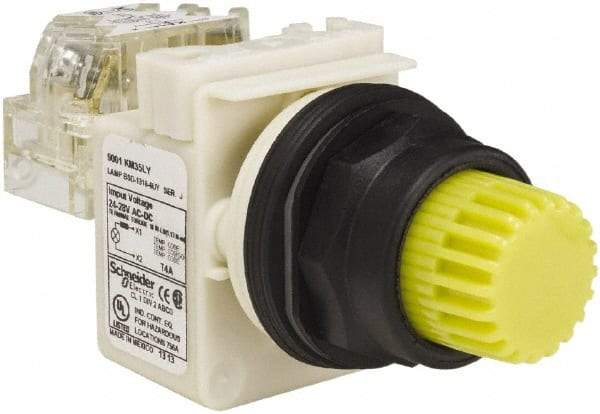 Schneider Electric - 1.22 Inch Mount Hole, Extended Straight, Pushbutton Switch with Contact Block - Round, Yellow Pushbutton, Illuminated, Momentary (MO), Anticorrosive, Dusttight, Oiltight, Watertight and Shock and Vibration Resistant - USA Tool & Supply